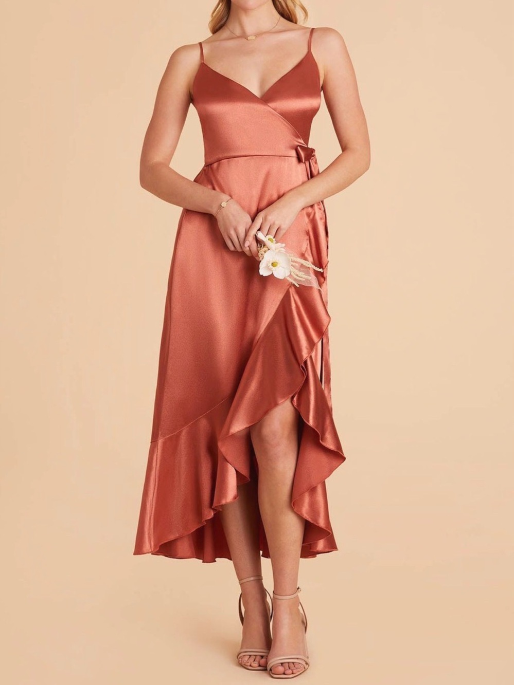 Birdy Grey Satin Wrap High-Low Dress in Rust Copper